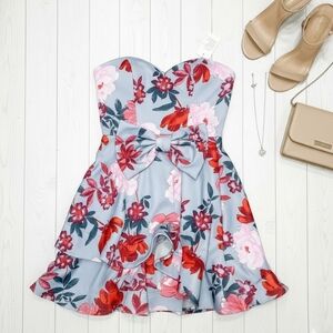 Forever 21 Strapless Floral Dress - Light Blue and‎ Red
